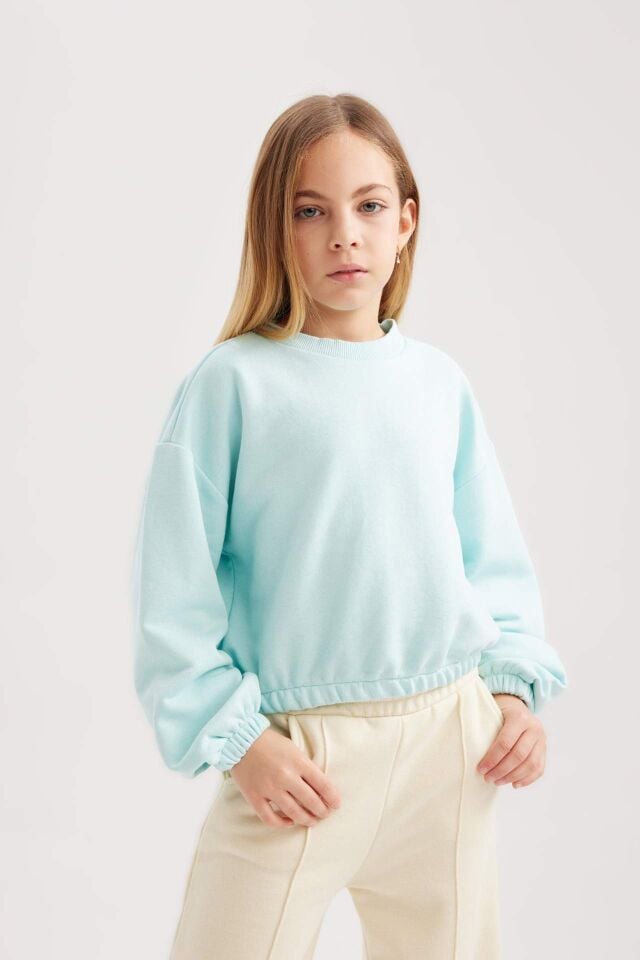 Kız Çocuk Bisiklet Yaka Basic Düz Sweatshirt