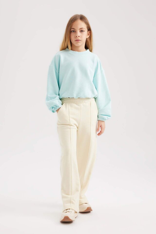Kız Çocuk Bisiklet Yaka Basic Düz Sweatshirt