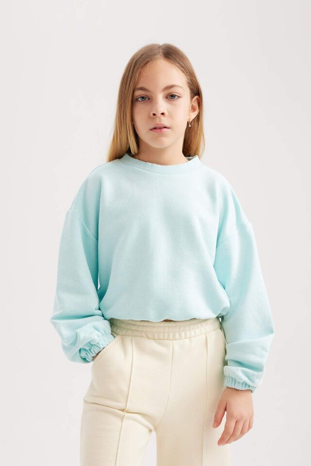Kız Çocuk Bisiklet Yaka Basic Düz Sweatshirt
