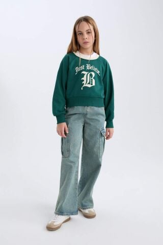 Kız Çocuk Relax Fit Bisiklet Yaka Baskılı İçi Yumuşak Tüylü Sweatshirt