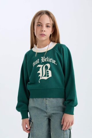 Kız Çocuk Relax Fit Bisiklet Yaka Baskılı İçi Yumuşak Tüylü Sweatshirt