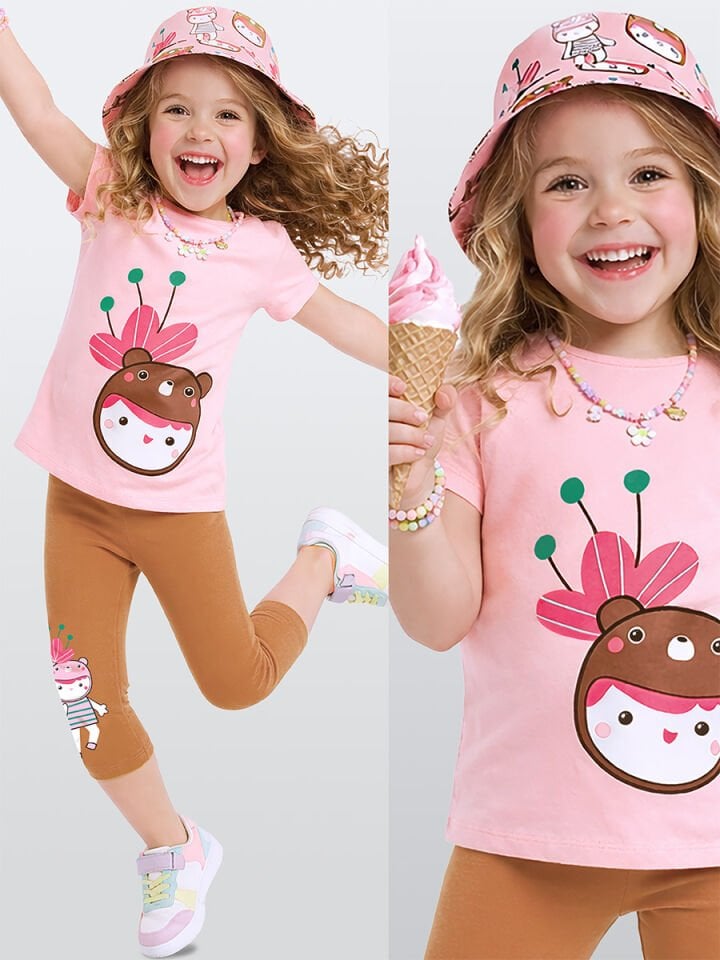 Ayı Şapkalı Kız Çocuk T-shirt Tayt Takım