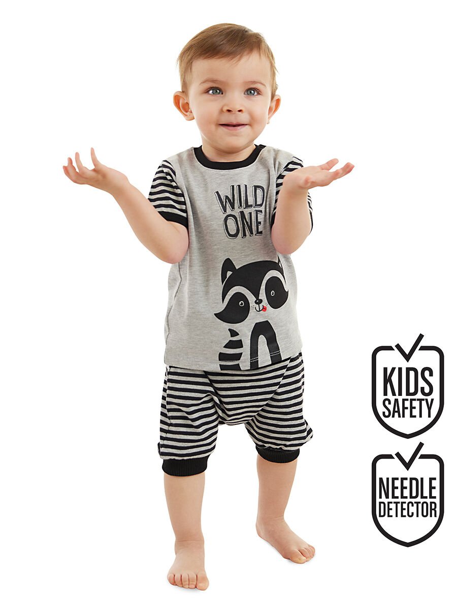 Rakun Erkek Bebek T-shirt Kapri Şort Takım 18-24 M - Gri