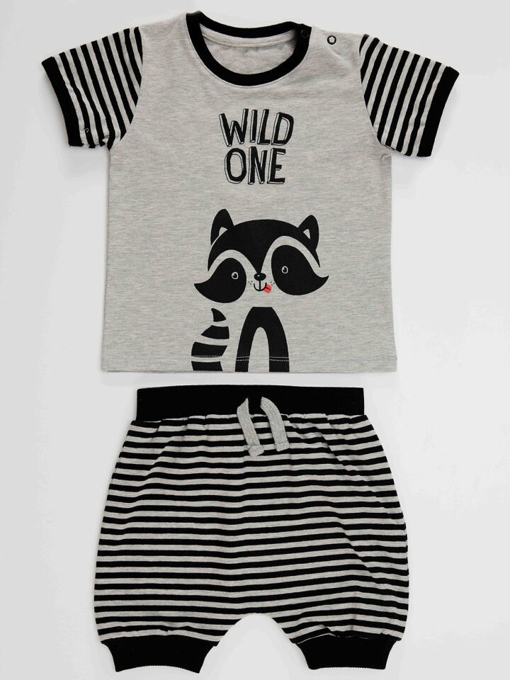 Rakun Erkek Bebek T-shirt Kapri Şort Takım 18-24 M - Gri
