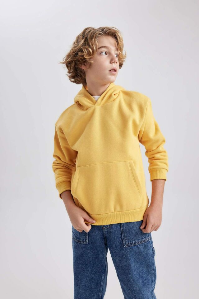 Erkek Çocuk Basic Düz Kapüşonlu Sweatshirt