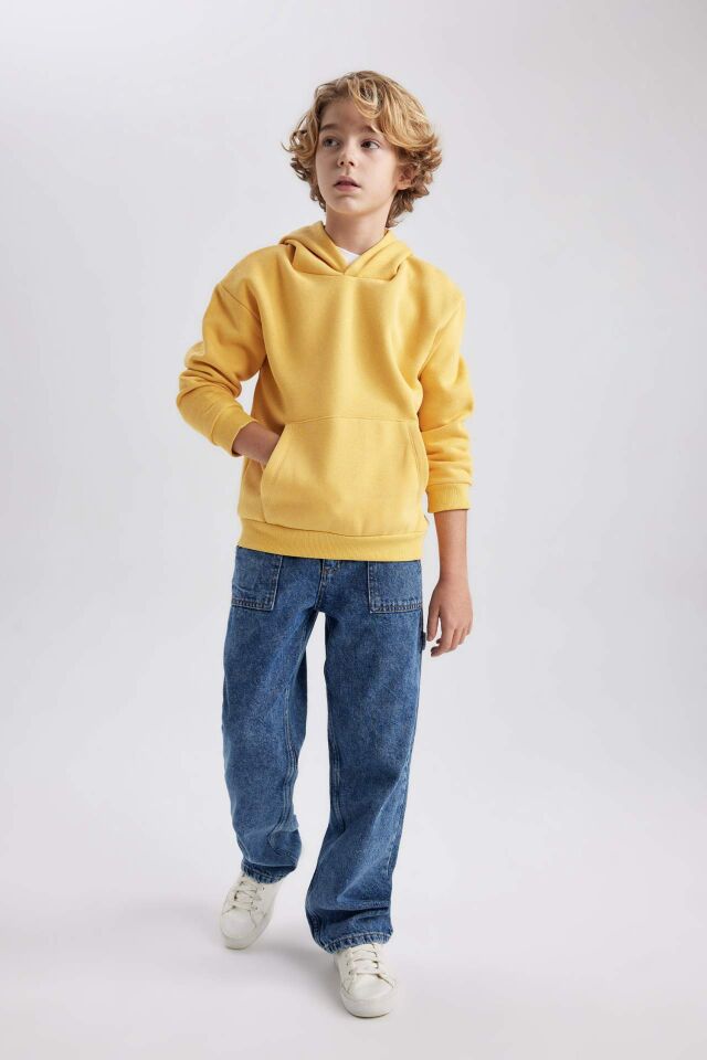 Erkek Çocuk Basic Düz Kapüşonlu Sweatshirt