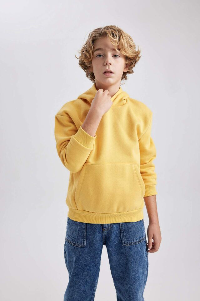 Erkek Çocuk Basic Düz Kapüşonlu Sweatshirt