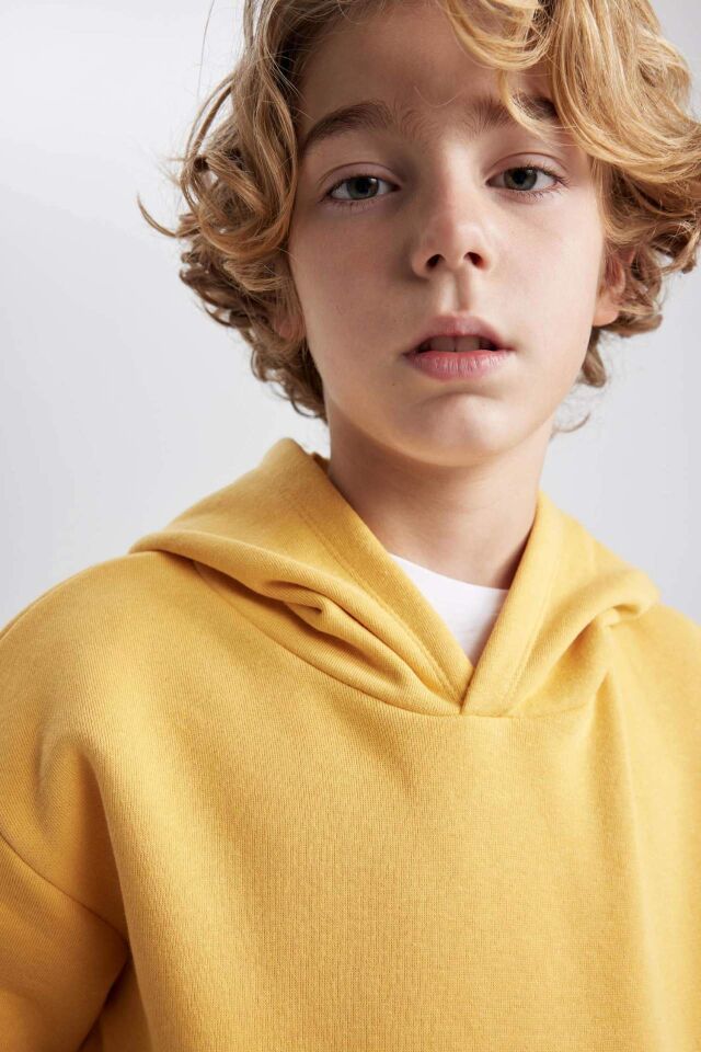 Erkek Çocuk Basic Düz Kapüşonlu Sweatshirt
