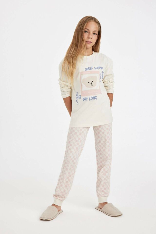 Kız Çocuk Pijama Takımı Ayı Baskılı Uzun Kollu Üst Uzun Alt