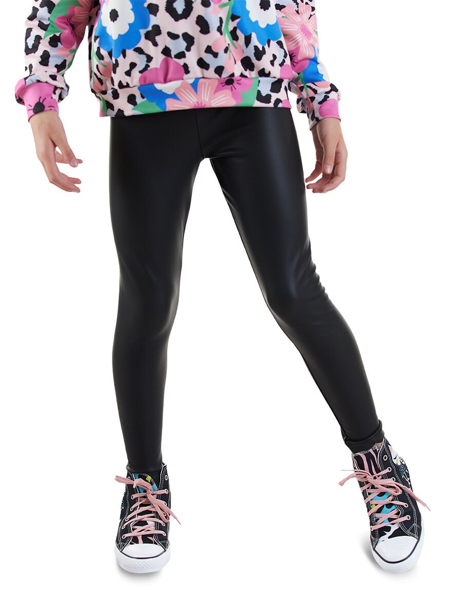 Kız Çocuk Deri Görünümlü Siyah Tayt