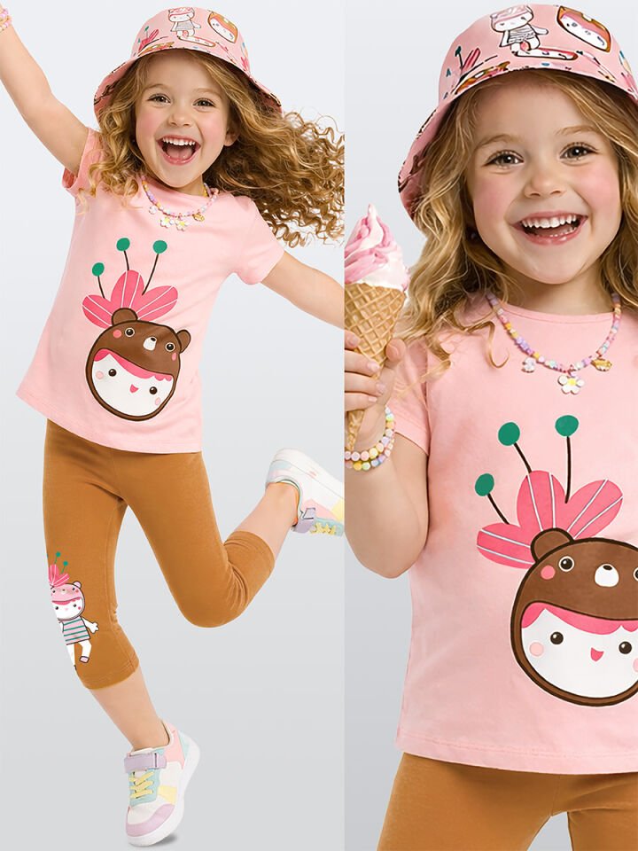 Ayı Şapkalı Kız Çocuk T-shirt Tayt Takım 4Y - Pembe