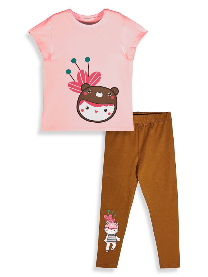 Ayı Şapkalı Kız Çocuk T-shirt Tayt Takım 5Y - Pembe