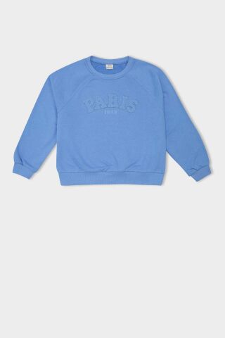 Kız Çocuk Pembe Oversize Geniş Kalıp Bisiklet Yaka Baskılı Sweatshirt
