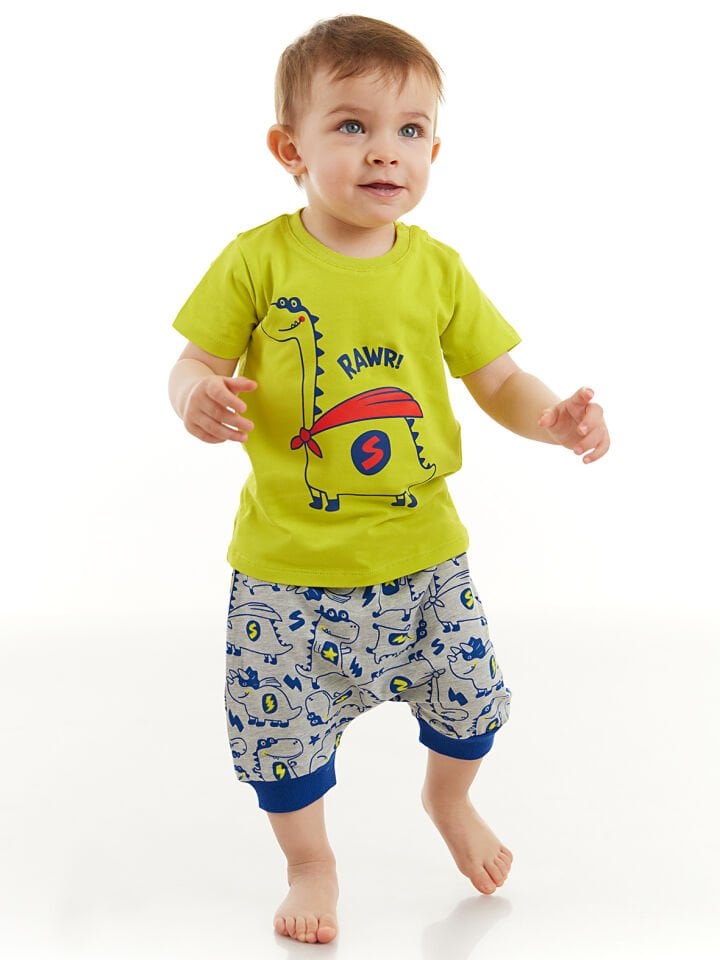 Super Dino Erkek Bebek T-shirt Kapri Şort Takım