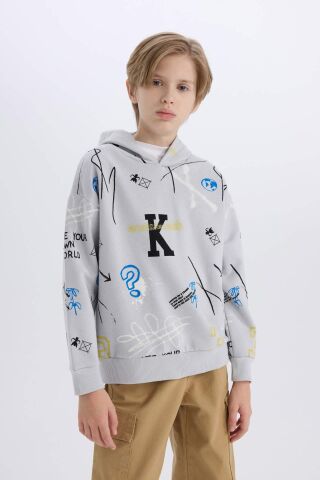 Erkek Çocuk Oversize Geniş Kalıp Kapüşonlu Desenli Kalın Sweatshirt