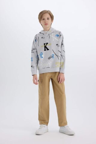 Erkek Çocuk Oversize Geniş Kalıp Kapüşonlu Desenli Kalın Sweatshirt