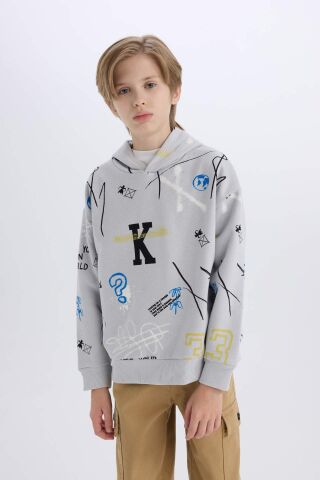 Erkek Çocuk Oversize Geniş Kalıp Kapüşonlu Desenli Kalın Sweatshirt