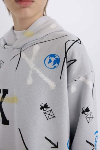 Erkek Çocuk Oversize Geniş Kalıp Kapüşonlu Desenli Kalın Sweatshirt