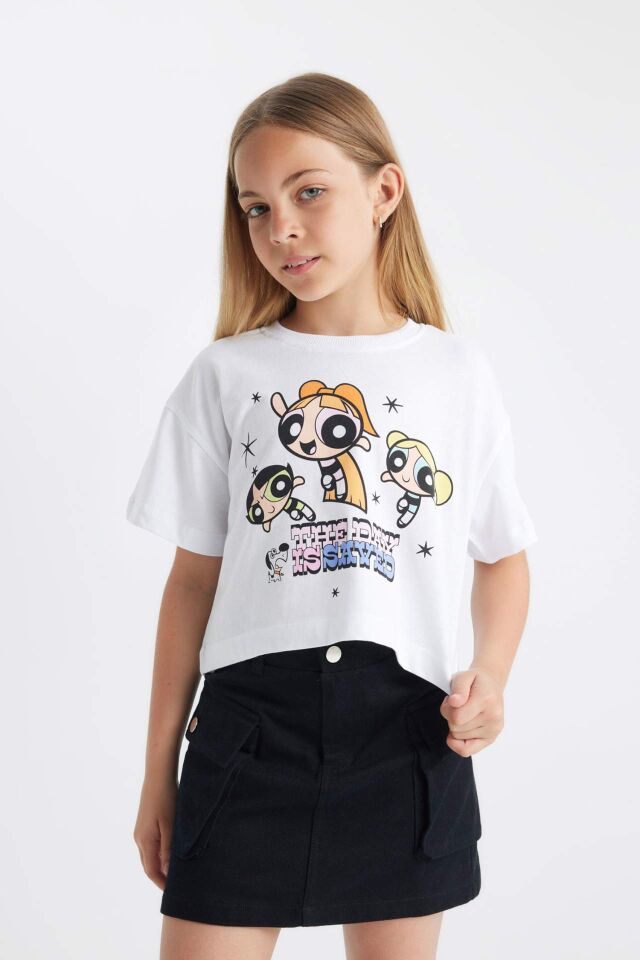 Kız Çocuk PowerPuff Girls Bisiklet Yaka Kısa Kollu Tişört