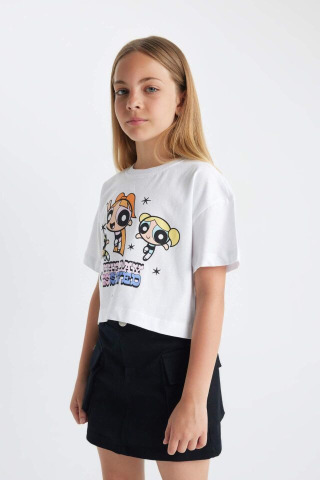 Kız Çocuk PowerPuff Girls Bisiklet Yaka Kısa Kollu Tişört