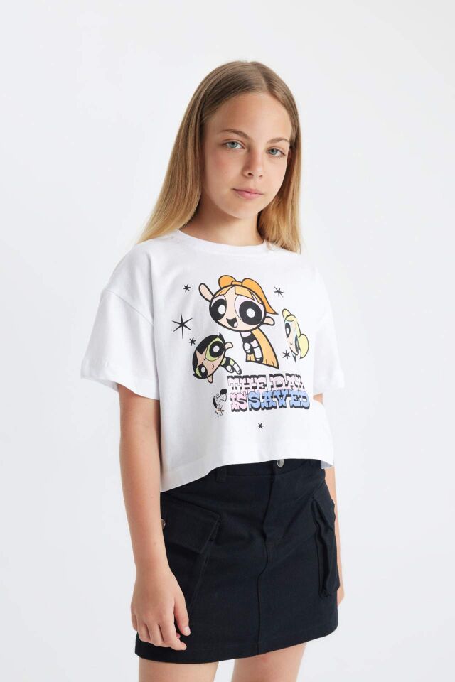 Kız Çocuk PowerPuff Girls Bisiklet Yaka Kısa Kollu Tişört
