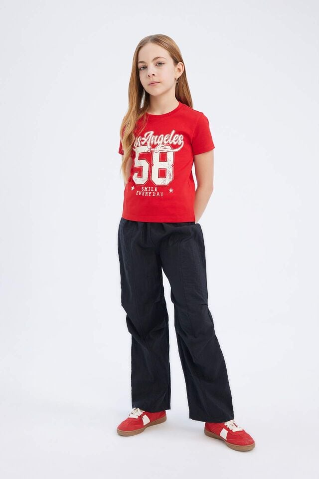 Kız Çocuk Slim Fit Dar Kesim Bisiklet Yaka Baskılı Ribana Kısa Kollu Tişört