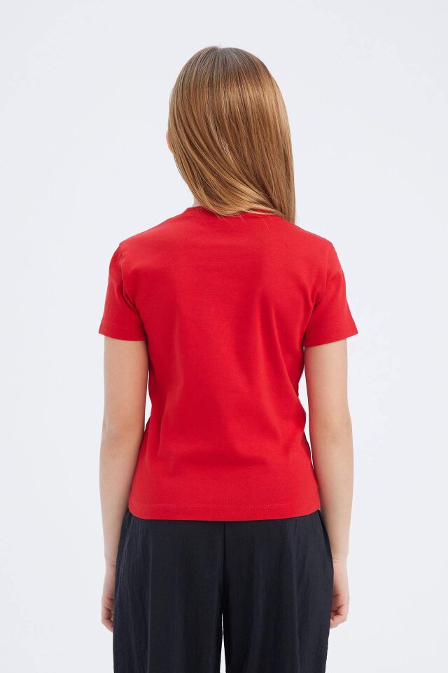 Kız Çocuk Slim Fit Dar Kesim Bisiklet Yaka Baskılı Ribana Kısa Kollu Tişört