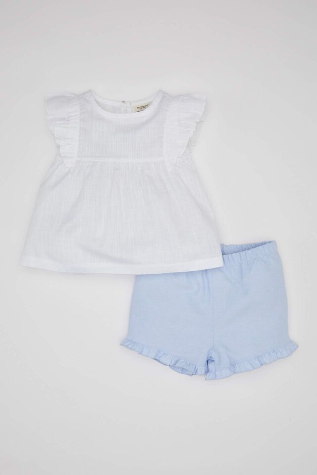 Kız Bebek 2'li Takım Kısa Kollu Flamlı Poplin Bluz Şort