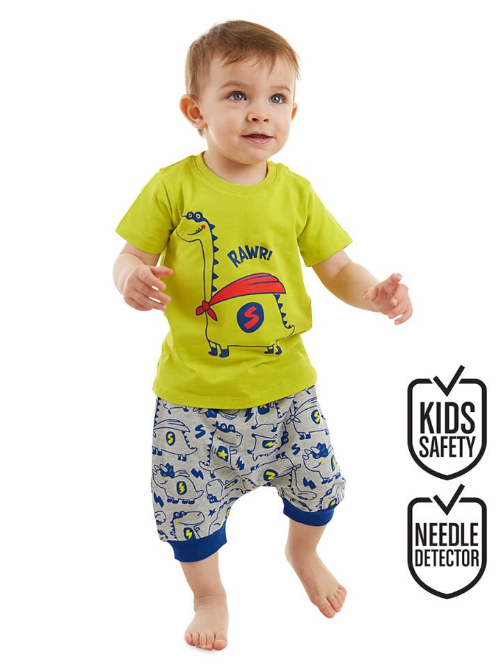 Super Dino Erkek Bebek T-shirt Kapri Şort Takım 18-24 M - Gri, Yeşil
