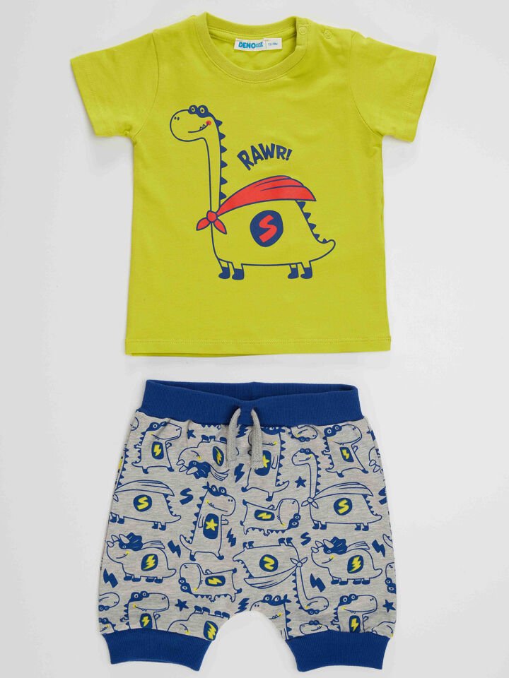 Super Dino Erkek Bebek T-shirt Kapri Şort Takım 18-24 M - Gri, Yeşil