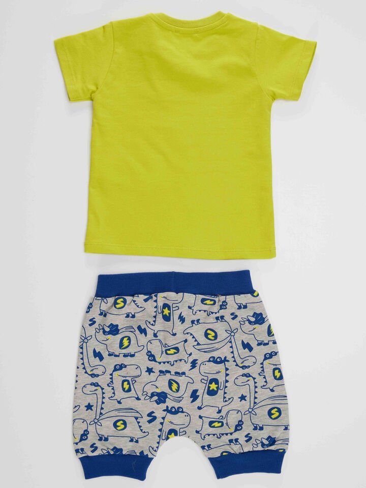 Super Dino Erkek Bebek T-shirt Kapri Şort Takım 18-24 M - Gri, Yeşil