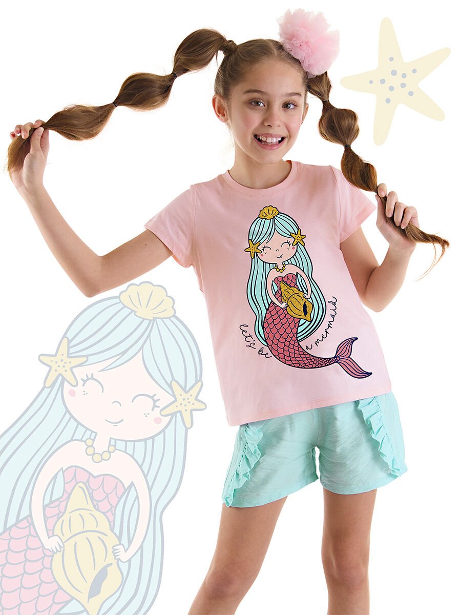 Deniz Kızı Kız Çocuk T-shirt Şort Takım 9 Y - Pembe, Mavi