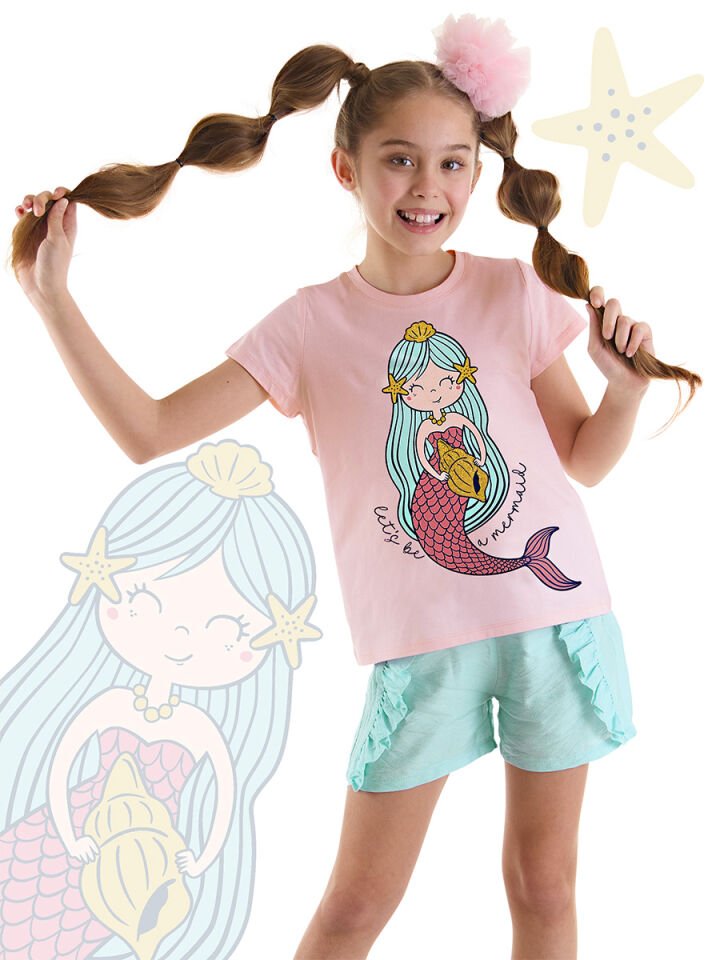 Deniz Kızı Kız Çocuk T-shirt Şort Takım 9 Y - Pembe, Mavi