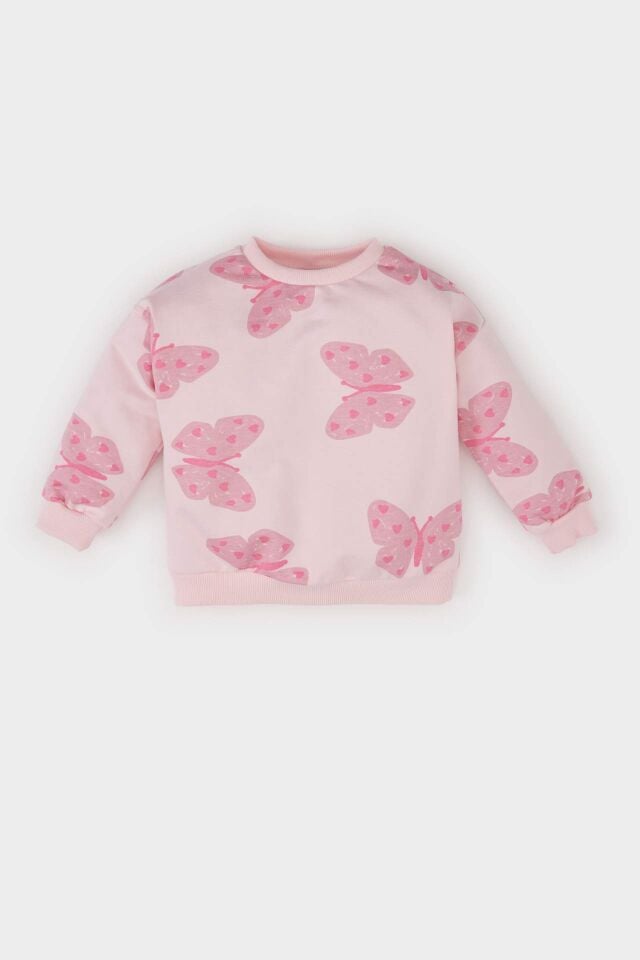 Kız Bebek Bisiklet Yaka Kelebek Desenli İçi Yumuşak Tüylü Sweatshirt