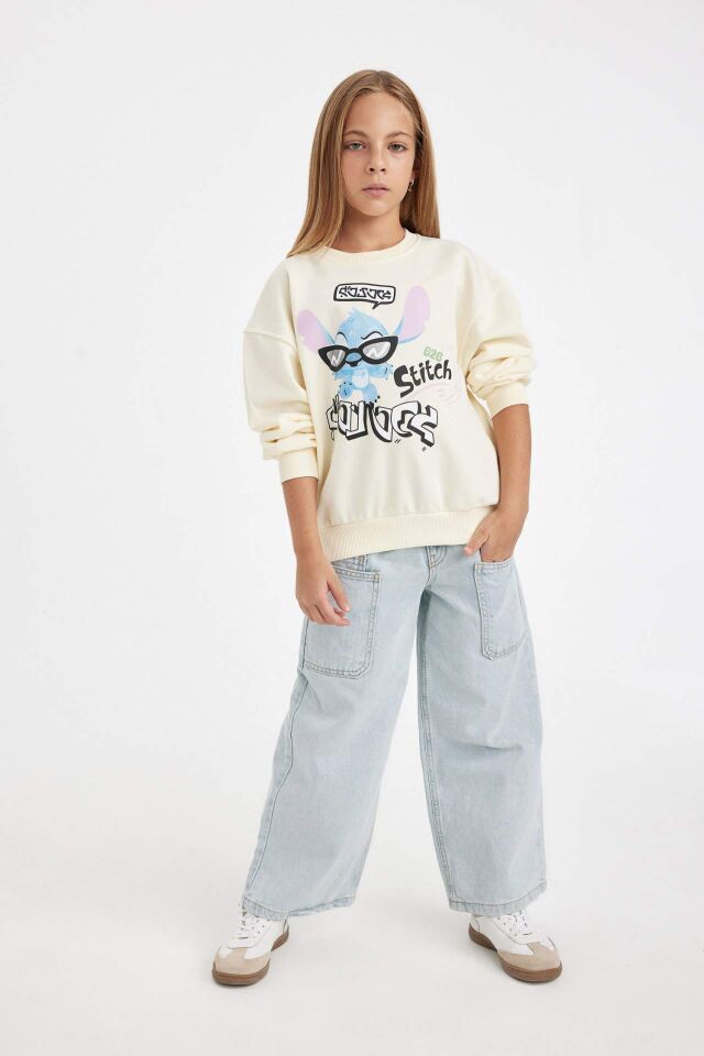 Kız Çocuk Disney Lilo & Stitch Relax Fit Bisiklet Yaka Sweatshirt