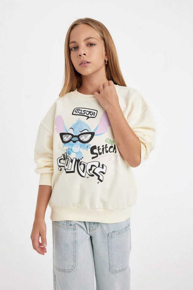 Kız Çocuk Disney Lilo & Stitch Relax Fit Bisiklet Yaka Sweatshirt