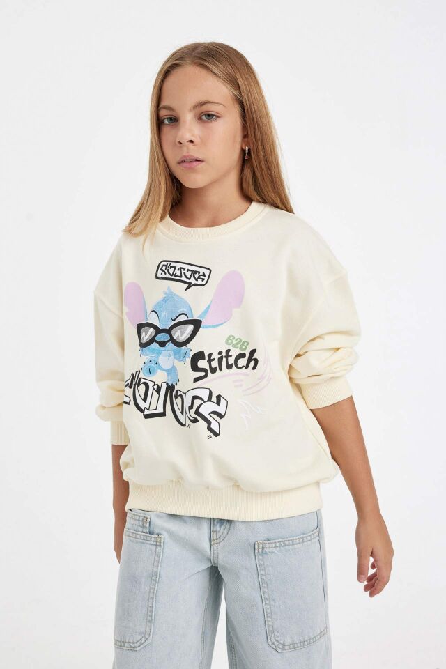 Kız Çocuk Disney Lilo & Stitch Relax Fit Bisiklet Yaka Sweatshirt