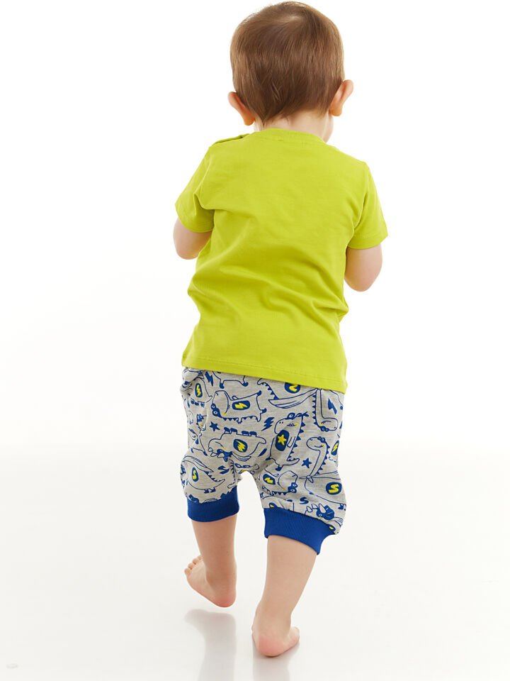 Super Dino Erkek Bebek T-shirt Kapri Şort Takım 3-6 M - Gri, Yeşil