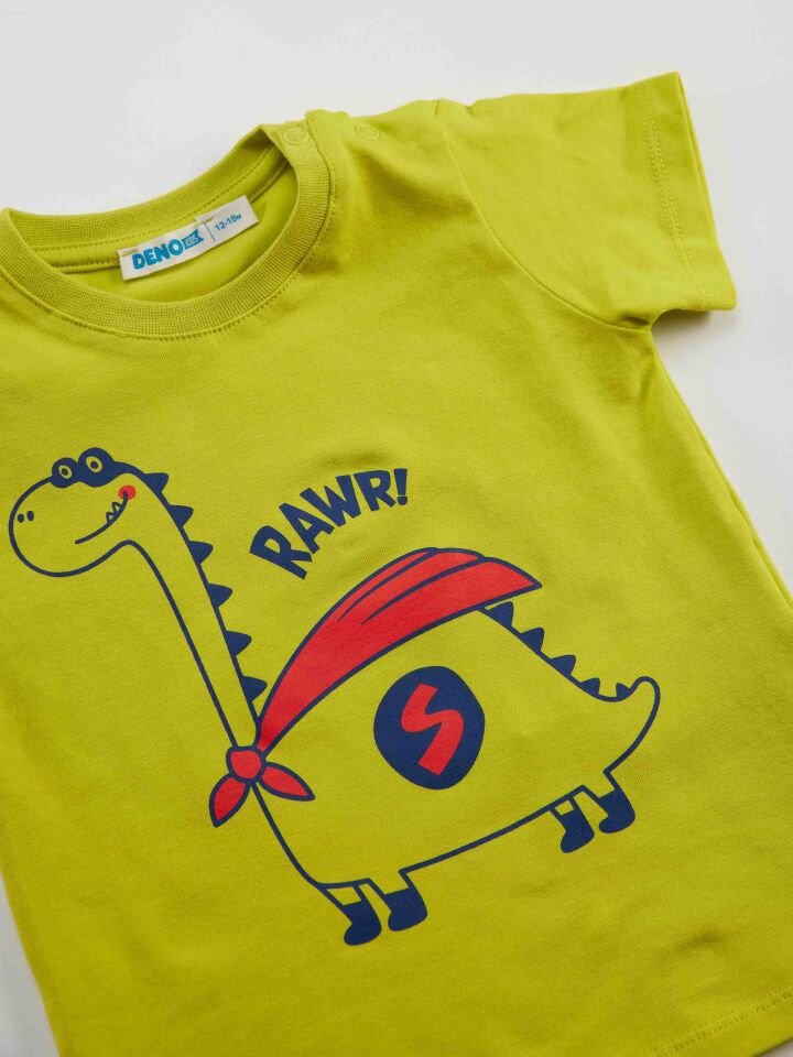 Super Dino Erkek Bebek T-shirt Kapri Şort Takım 3-6 M - Gri, Yeşil