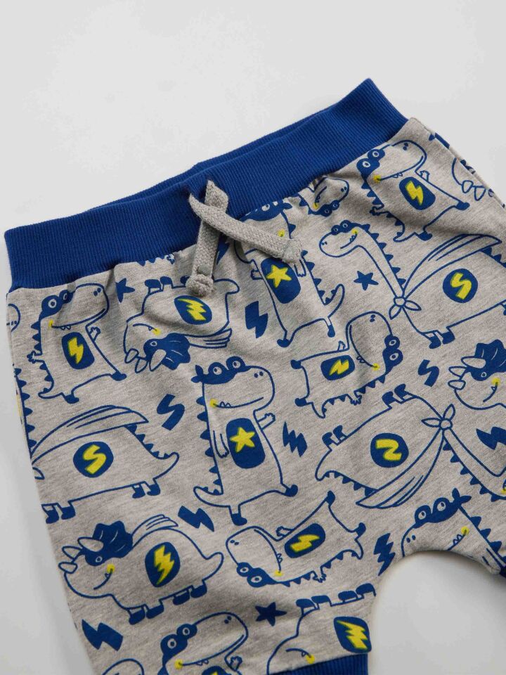 Super Dino Erkek Bebek T-shirt Kapri Şort Takım 3-6 M - Gri, Yeşil