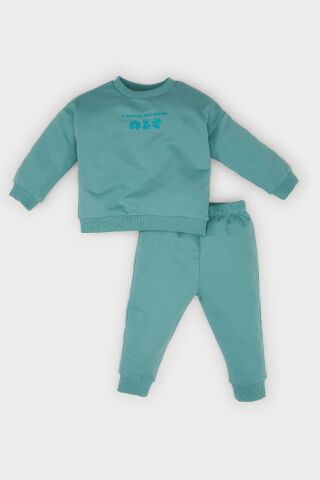 Kız Bebek 2'li Takım Çiçekli Bisiklet Yaka Sweatshirt Beli Lastikli EŞofman Altı