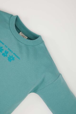 Kız Bebek 2'li Takım Çiçekli Bisiklet Yaka Sweatshirt Beli Lastikli EŞofman Altı