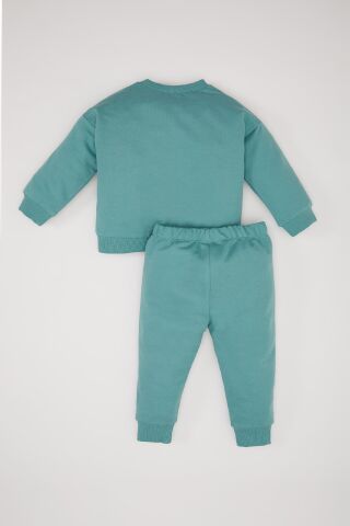 Kız Bebek 2'li Takım Çiçekli Bisiklet Yaka Sweatshirt Beli Lastikli EŞofman Altı