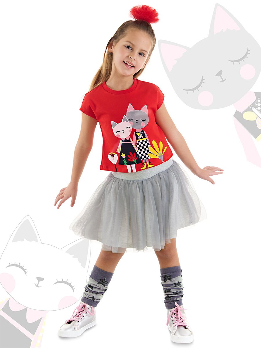 Kanka Kediler Kız Çocuk T-shirt Tüllü Tütü Etek Takım 4 Y - Kırmızı, Gri