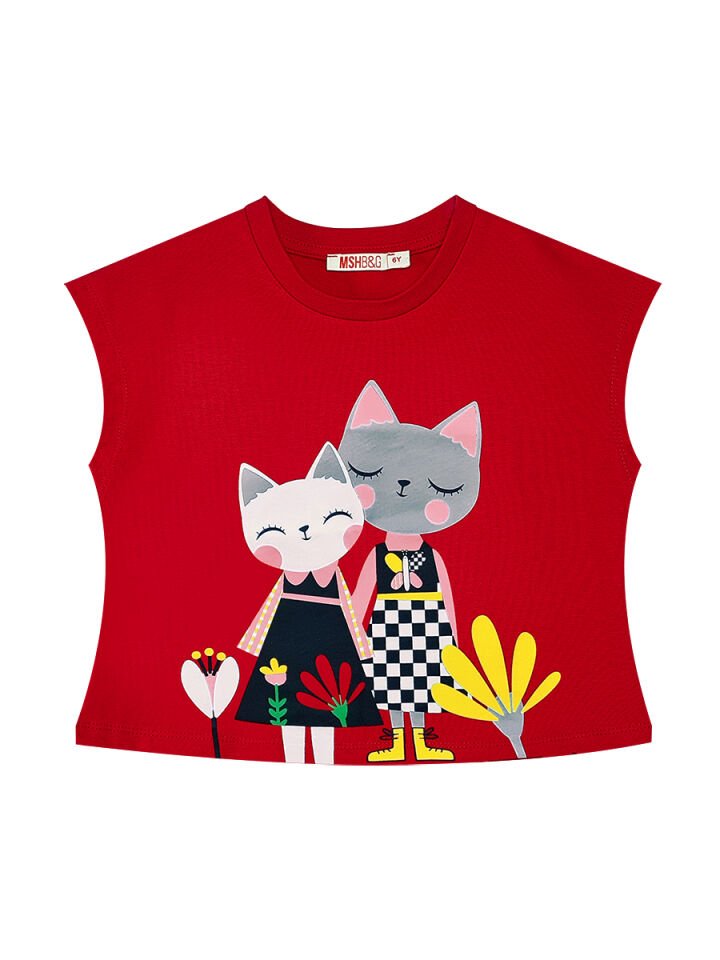Kanka Kediler Kız Çocuk T-shirt Tüllü Tütü Etek Takım 4 Y - Kırmızı, Gri