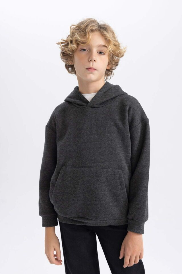 Erkek Çocuk Basic Düz Kapüşonlu Sweatshirt
