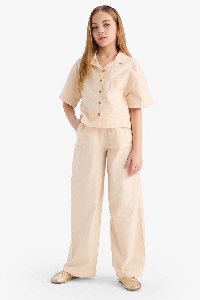 Kız Çocuk Beli Lastikli Wide Leg Geniş Bol Paça Pamuklu Pantolon
