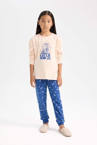 Kız Çocuk Pijama Takımı Baskılı Uzun Kollu Üst Beli Lastikli Uzun Alt