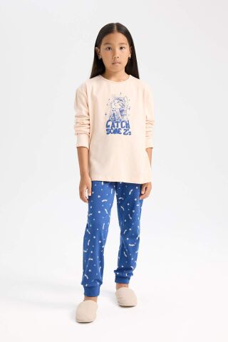 Kız Çocuk Pijama Takımı Baskılı Uzun Kollu Üst Beli Lastikli Uzun Alt