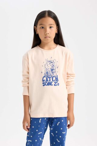 Kız Çocuk Pijama Takımı Baskılı Uzun Kollu Üst Beli Lastikli Uzun Alt